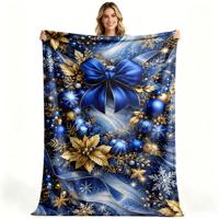 Couverture en flanelle polaire douce et confortable, motif nœud de Noël bleu et or, pour les fêtes, impression personnalisée, vente en gros, OEM, ODM
