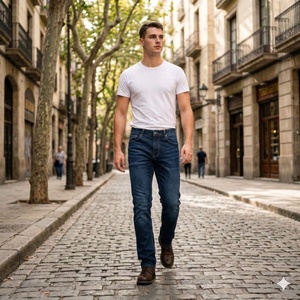 Jean décontracté pour homme en denim extensible (Spandex/Coton), écologique, respirant, coupe droite, délavage moyen, taille mi-haute - Product Image 1