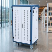 Chariot de charge électrique à 4 roues en alliage d'aluminium avec 40 baies USB pour synchronisation des données, pour le rangement d'ordinateurs portables et de tablettes, blanc et bleu, pour l'école