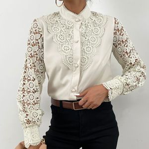 Elegante Blusa Blanca para Mujer con Panel de Encaje Calado, Camisa de Manga Larga, Tops de Oficina para Dama, Blusas Mujer Elegantes y Juveniles - Product Image 5
