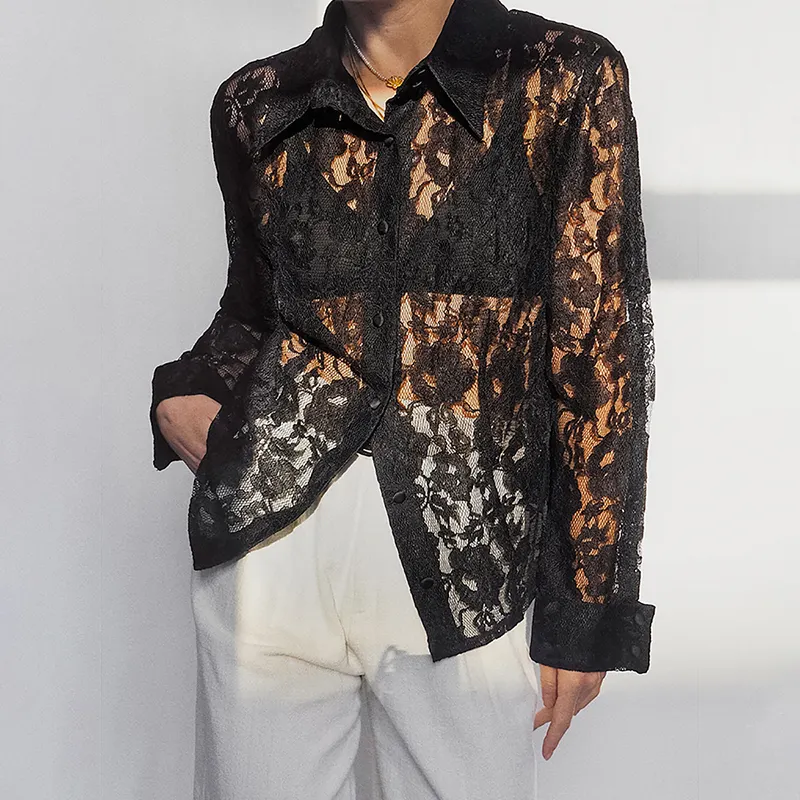 Blusa de ombro aberto com estampa floral personalizada, blusa de malha espaguete preta transparente de alta qualidade, novidade em moda