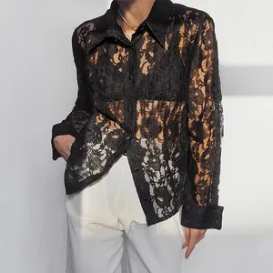 Custom New Floral Print, Open Shoulder Blouse High Quality Fashion Spaghetti Strap Mesh Black See Through Shirts/