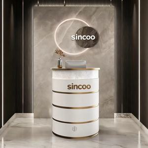 2025 Trending Modern Custom Semi-circular Beauty Salon Reception <b>Desk</b> with Wood Panel Design <b>Nail</b> Salon Use - Product Image 3