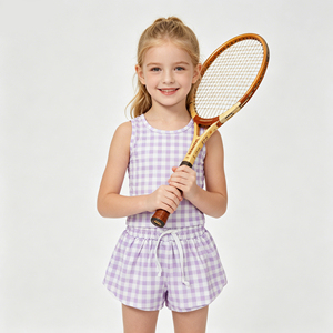Ensemble de tenue de tennis bleu à carreaux pour petites filles, débardeur sans manches à col rond extensible et doux pour enfants, short fluide coupe crayon - Product Image 1