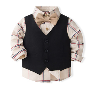 Catpapa Vente en gros Ensemble 4 pièces pour garçons : Chemise à carreaux, <span class=keywords><strong>Gilet</strong></span> <span class=keywords><strong>noir</strong></span>, Pantalon kaki, Nœud papillon – Tenue de cérémonie - Product Image 3