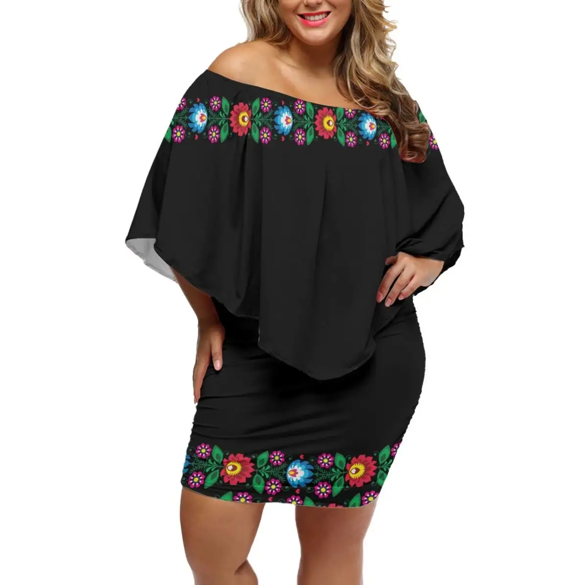 New Design Mexican Folk Art Style Vector Floral Pattern Sexy Off Shoulder Floral Dress Elegant Bodycon Mini Party Wear Dresses
