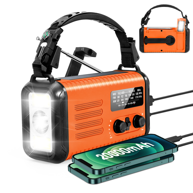 High Quality Outdoor 20000mah Portable Emergency Radio Flashlight Hand Crank Solar Charge Weather Radio