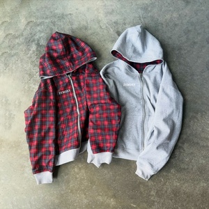Veste à capuche zippée personnalisée 100% coton épais, coupe ample, de créateur, double couche, réversible, pour homme, motif écossais - Product Image 1