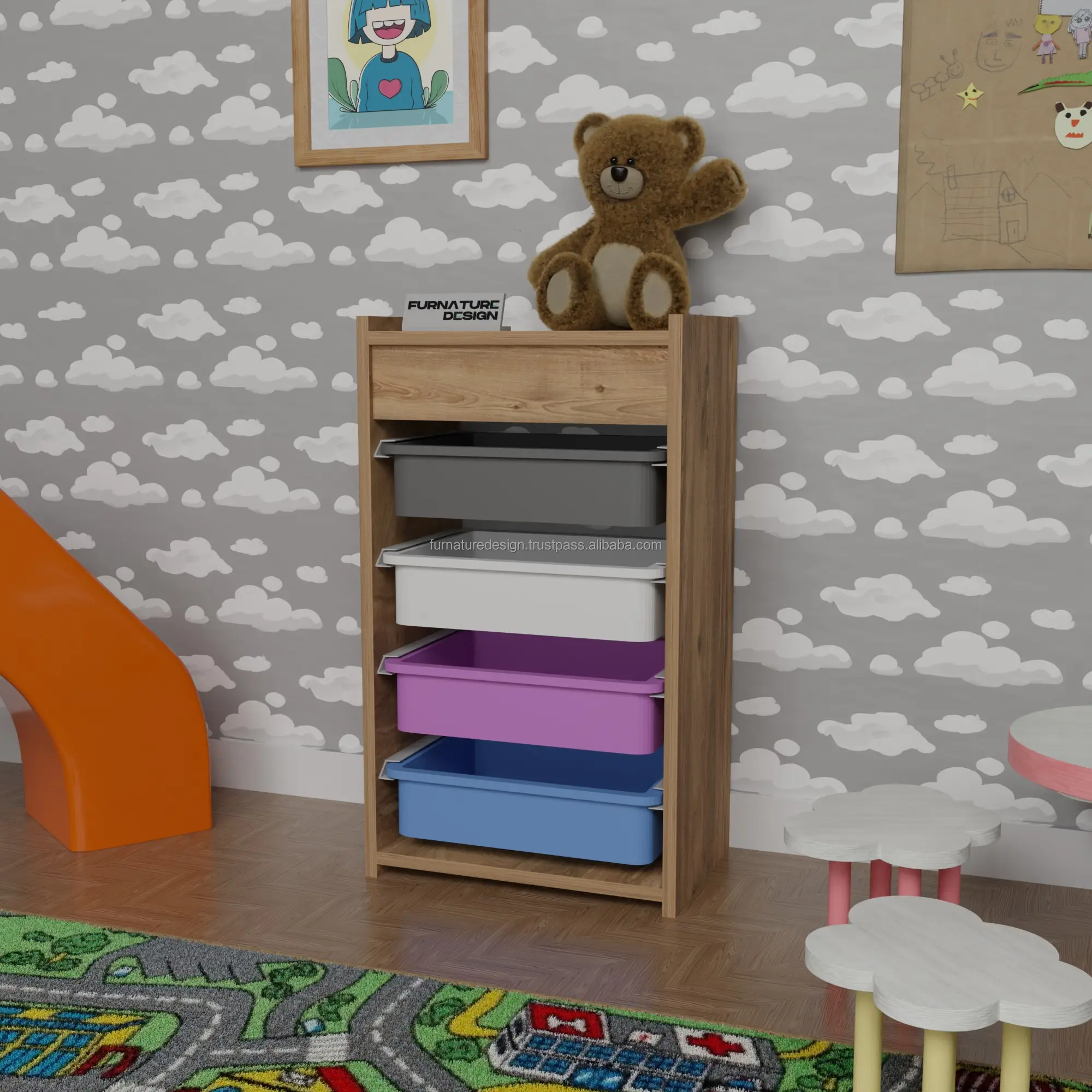 خزانة ألعاب مع سلة، منظم أثاث الأطفال، خزانة درج غرفة نوم الأطفال، صندوق تخزين متنقل سهل التجميع