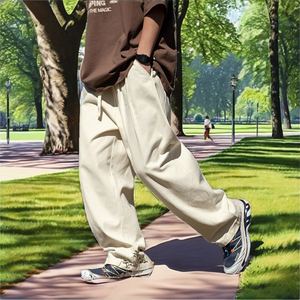 Pantalon de travail pour homme, coupe droite, coton lourd, lavage au sable, taille mi-haute, cordon de serrage - Product Image 2