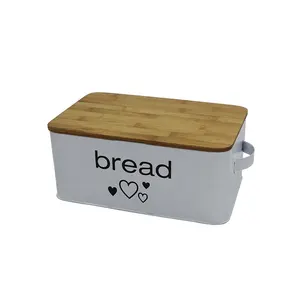 Wadah penyimpanan makanan dapur, kotak roti, wadah penyimpanan makanan dapur, wadah roti Metal galvanis dengan tutup bambu