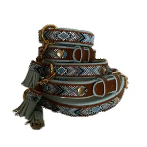 Kralen Halsband Echt Leer Gevoerde Blauw Bruin Hoge Kwaliteit Huisdier Producten Leash Harness Set Kwastje Accessoires