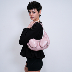 Korean Brand Moon Shaped Crescent Bag With Double Front Pocket <b>Purse</b> Crafted From <b>Soft</b> Vegan <b>Leather</b> Material - Product Image 6