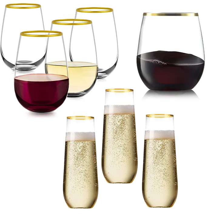 W008 Cocktail Drinkware Gold Rim 9 12 16 OZ Party Wedding Clear Wine Flutes Plastic Stemless Champagne Glasses