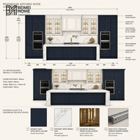 Meubles de cuisine modernes bleu marine style américain, îlot double cascade en marbre Statuario, lanterne en laiton, menuiserie sur mesure pour penthouse