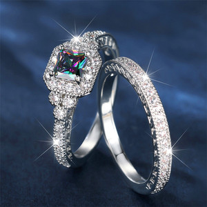 Femme petit arc-en-ciel Zircon pierre bague de fiançailles ensemble breloque couleur argent bijoux de mariage pour les femmes - Product Image 3