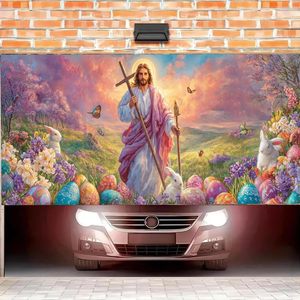 Bannière <span class=keywords><strong>de</strong></span> porte <span class=keywords><strong>de</strong></span> garage Joyeuses Pâques Jésus et les œufs avec fleurs, pour la maison, l'église, la décoration <span class=keywords><strong>de</strong></span> printemps - Product Image 3