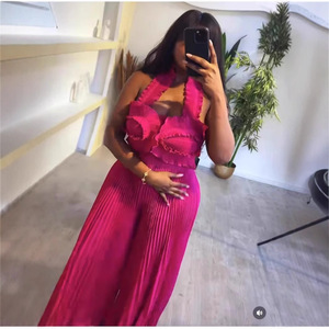 Ensemble 2 pièces plissé sexy pour femme : haut à col halter et dos nu, pantalon large – Tendance - Product Image 4