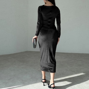 เดรสแฟชั่นผู้หญิงคอลเลคชั่นใหม่ประจำฤดูใบไม้ร่วง/ฤดูหนาว ทรงเข้ารูป คอทรงกลม แขนยาว สีพื้น แต่งจีบ - Product Image 2