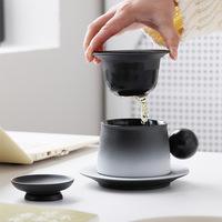 Ensemble de tasses à thé en céramique avec infuseur, poignée boule et soucoupe, tasse mate noire dégradée avec couvercle pour le bureau et la maison