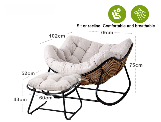 Sedia a dondolo in rattan + poggiapiedi + cuscino in ollifin ispessito