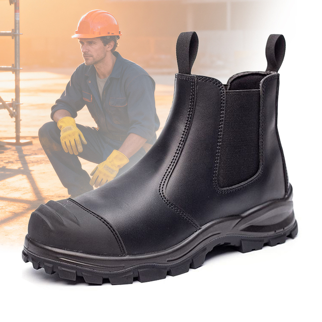 Black Genuine Leather Waterproof Steel Toe Chelsea Boots Anti Puncture Men Work Safety Shoes for Factory Construction