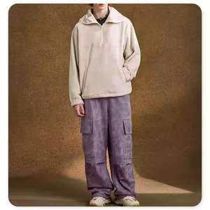 <span class=keywords><strong>Pantalon</strong></span> large en daim de couleur sable pour hommes Ceinture élastique Cordon de serrage Grandes poches latérales Style unique Durable à la mode pour - Product Image 3