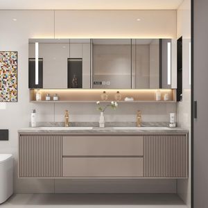 ตู้ห้องน้ำหรูหราทันสมัยพร้อมกระจกอัจฉริยะและอ่างเซรามิกไฟลอยติดผนังทรงเพรียวบางสำหรับใช้ในอพาร์ทเมนต์ขนาดเล็ก - Product Image 5