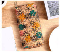 Dompet Wanita Boho Lipat Tiga Kapasitas Besar 4 Inci, Tali Pergelangan Tangan Kancing Gabus Lucu, Poliester Panjang Anti Maling RFID