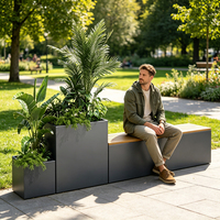 Banc de jardin moderne pour l'extérieur, idéal pour les hôtels, les centres de villégiature, les parcs et les jardins - Acier gris anthracite avec assise en bois et jardinières