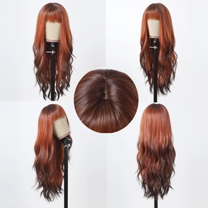 MOQ1, pelucas sintéticas largas <span class=keywords><strong>de</strong></span> pelo ondulado rojo marrón con reflejos negros con flequillo para mujeres negras, <span class=keywords><strong>cabello</strong></span> <span class=keywords><strong>Natural</strong></span> para uso diario - Product Image 3