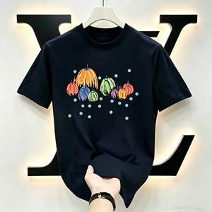 Luxury art designer pumpkin print L V casual fashion 100% cotton breathable short-sleeved <b>shirt</b> for men - Product Image 1
