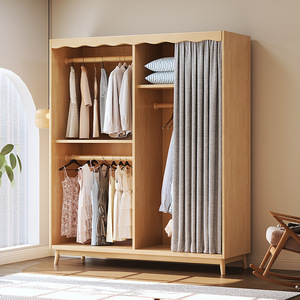 Armario de madera maciza de estilo nórdico Shulin Furniture con cortina, armario de gran capacidad para dormitorio - Product Image 3