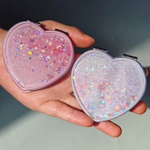 Wholesale Heart Shape pink Blue Glitter Liquid Quicksand Mirror Private Label Folding Double Sides Cosmetic Portable Mirrors - Product Image 1