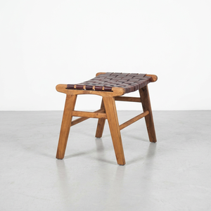Midcentury Modern Wood <b>Footstool</b> With Leather Seat Outdoor Furniture Durable Teak Frame - Product Image 5