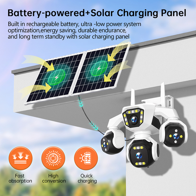 Color Night Vision Solar Panel Camera Aov 7/24 16mp Four Lens 4 Screen Cctv Night Vision 4g Security Ptz Solar Camera