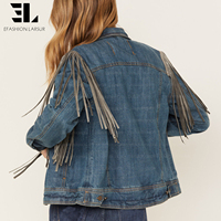 Veste en jean LARSUR sur mesure avec franges en daim, lavage délavé, boutons, manches longues, veste en jean pour femmes