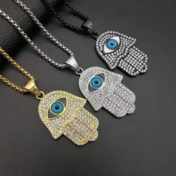 Religious Stainless Steel Pendant Jewelry Frozen Crystal Rhinestone Eye Hamsa Hand Blues Necklace