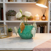 Vase en céramique émaillée Art Déco turquoise de luxe, motif oiseau 3D, fait main, léger, écologique, porte-fleurs pour table à manger