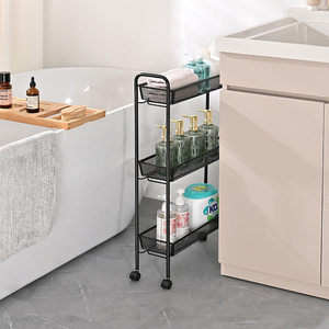 Hộ gia đình <span class=keywords><strong>3</strong></span> <span class=keywords><strong>Tier</strong></span> phòng tắm tiện ích xe đẩy kim loại lưới mỏng cán lưu trữ giỏ hàng giá với bánh xe cho những nơi hẹp - Product Image 1