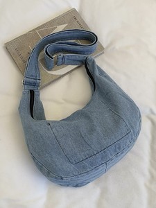 Vintage Indigo Casual Shoulder <b>Bag</b> for Female <b>College</b> Students Jeans Material Button Closure Single Strap Portable Design - Product Image 2
