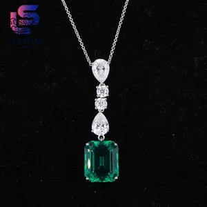 Lab Emerald with White Moissanite Diamonds Pendant Necklace with 9K Gold for Women