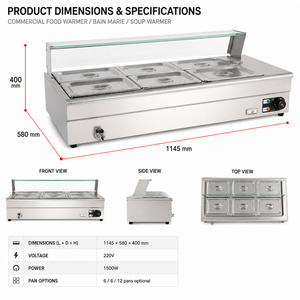 Durable Stainless Steel Food Warmer Bain Marie with Glass Sneeze Guard and Drain Valve 1500W Countertop Soup Station for Cafe - Product Image 3