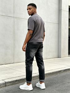 Jeans <span class=keywords><strong>Neri</strong></span> da <span class=keywords><strong>Uomo</strong></span> Effetto Lavato e Strappato, <span class=keywords><strong>Pantaloni</strong></span> in Denim con Patch Lettering Stile Streetwear, <span class=keywords><strong>Pantaloni</strong></span> Casual Hip Hop <span class=keywords><strong>Elasticizzati</strong></span> per Uso Quotidiano - Product Image 4