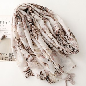 Beige Coffee Colored Printed Tassel Scarf French Lazy Style Shawl Retro <b>Leaf</b> Printed Scarves for Women - Product Image 2