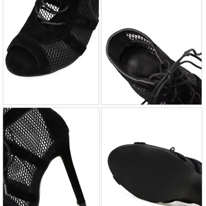 Botas de Baile Latino de Alta Calidad de Fábrica, Negras, de Malla y Gamuza, con Cordones, Sandalias Sexys de Tacón Alto - Product Image 4
