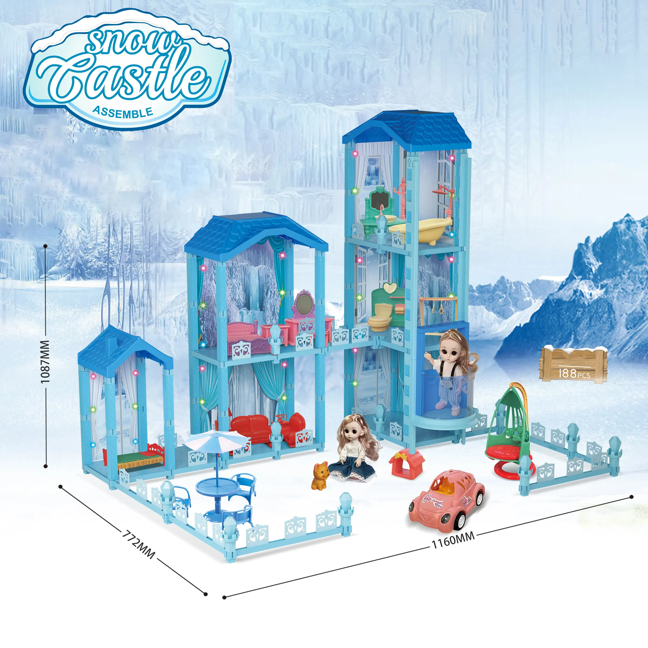 Ice World – maison de poupée Miniature, meubles avec élévateur, assemblage artisanal, château, 3 étages, Mini maison de poupée pour bébé