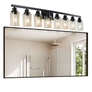 Applique murale moderne en fer et métal pour salle de bain, 8 lumières, 51 pouces, noir, avec abat-jour en verre transparent et miroir pour coiffeuse - Product Image 1