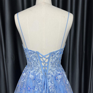 Robe de bal bleue à bretelles perlées, col en V profond, corsage brillant, dos lacé Hx129 - Product Image 4