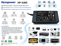 Adaptor Daya Desktop OEM/ODM 36W Input 90-264Vac Output 9V-48V Kelas II Level VI CE FCC untuk Laptop Monitor Hynapower HP-A36S